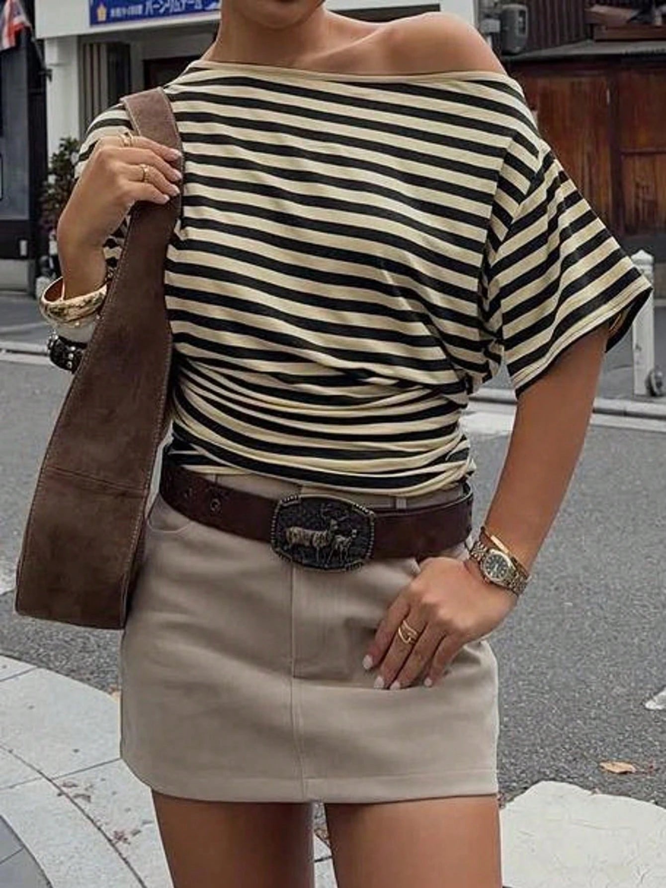 Plus Size Women's New Fashion Elegant Striped Cold Shoulder Oblique Collar Short Sleeve T-Shirt With Waist Ruching, Suitable For Daily, Beach, Campus, Vacation, Street Casual Summer