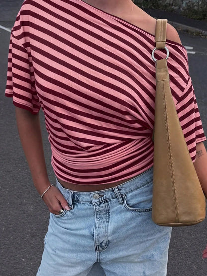 Plus Size Women's New Fashion Elegant Striped Cold Shoulder Oblique Collar Short Sleeve T-Shirt With Waist Ruching, Suitable For Daily, Beach, Campus, Vacation, Street Casual Summer