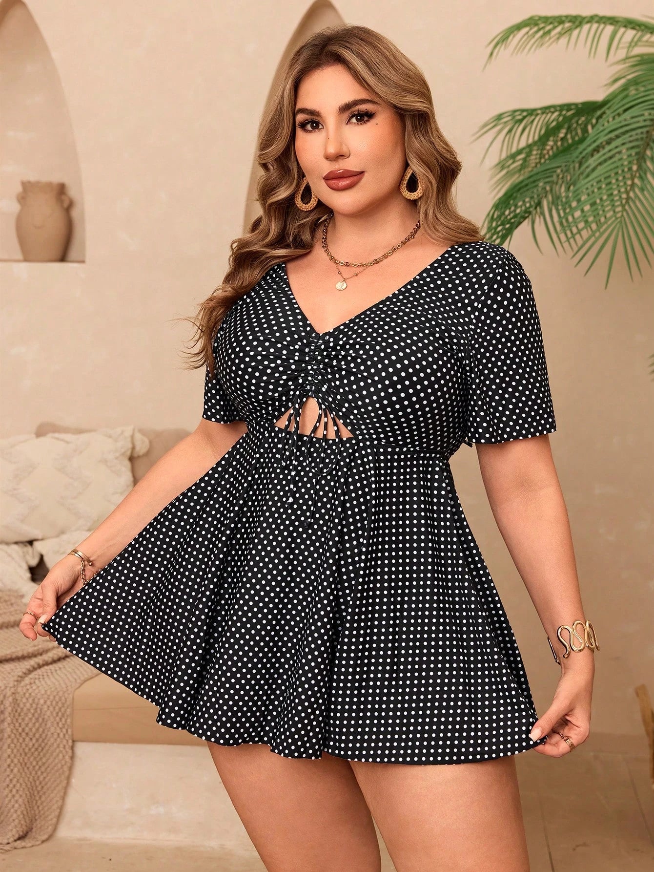 Plus Size Women's Polka Dot Modest Swimdress, Minimalist & Stylish For Summer