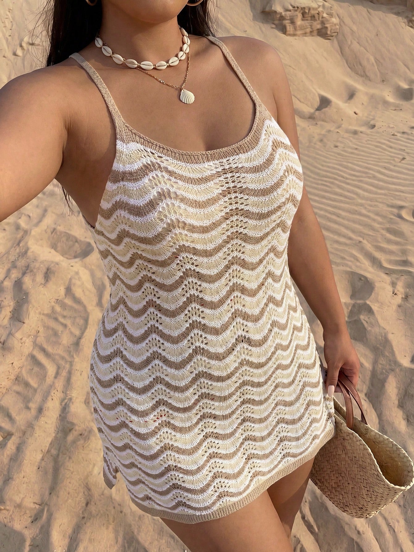 Plus Size Women's Summer Bohemian Ombre Hollow-Out Sexy Sheer Cover-Up Camisole Mini Dress Vacation Beach