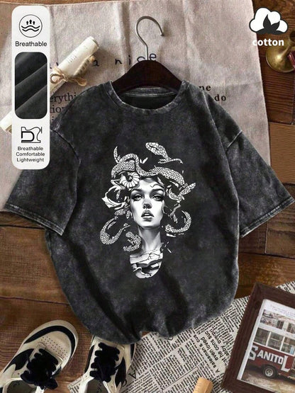 Plus Size Women's Summer Snake Skin Print Casual Loose Washed Cotton Round Neck Short Sleeve T-Shirt Women's Summer Washed Cotton Cute Blouse Black