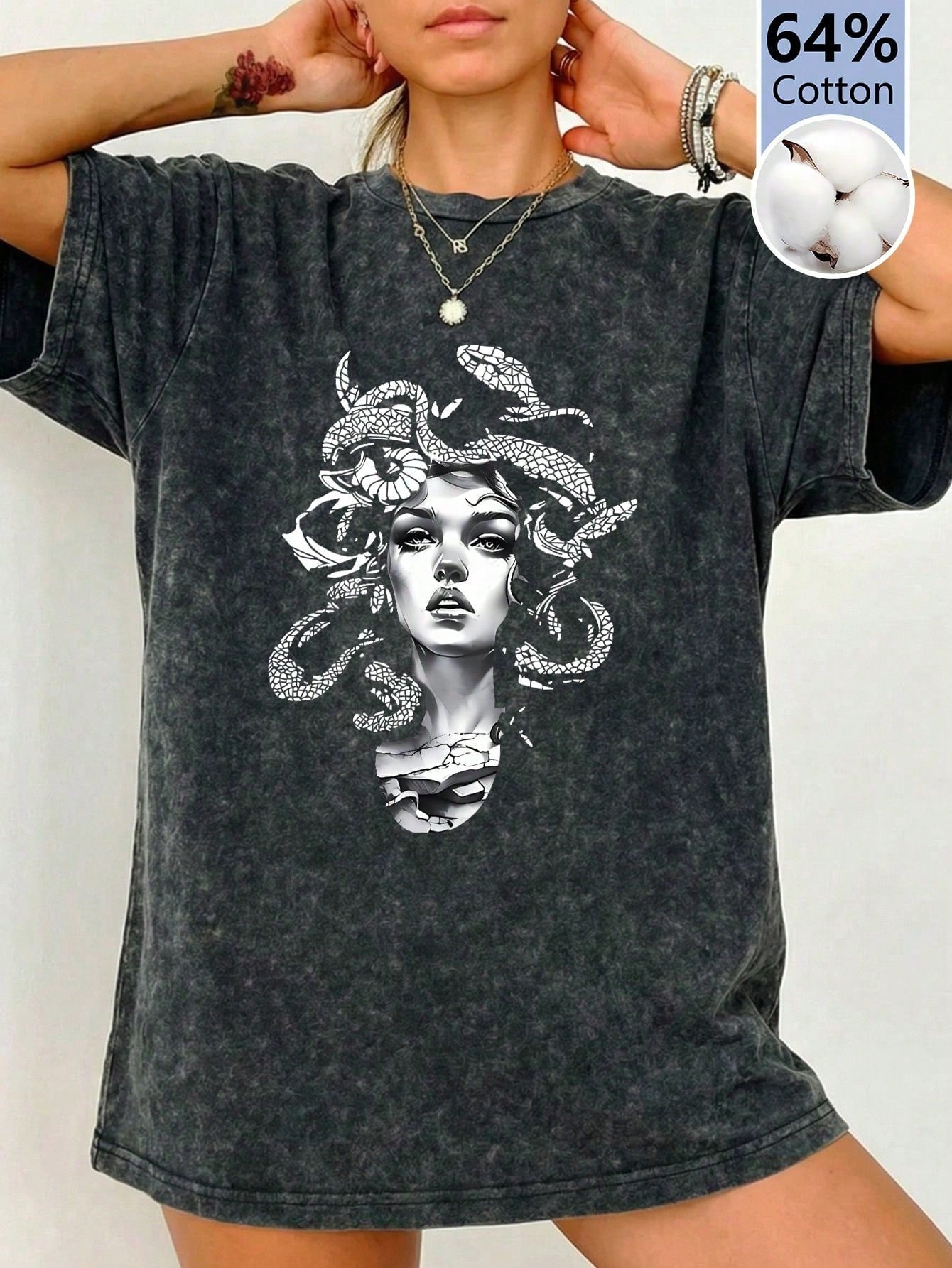 Plus Size Women's Summer Snake Skin Print Casual Loose Washed Cotton Round Neck Short Sleeve T-Shirt Women's Summer Washed Cotton Cute Blouse Black
