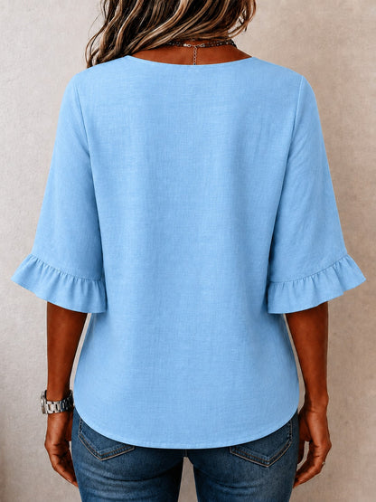 Plus Size Women's Summer Vacation Blue Front Button Shirt, Ruffle Sleeves, Loose Casual, Non-Stretch, Summer Top