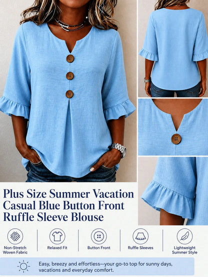 Plus Size Women's Summer Vacation Blue Front Button Shirt, Ruffle Sleeves, Loose Casual, Non-Stretch, Summer Top