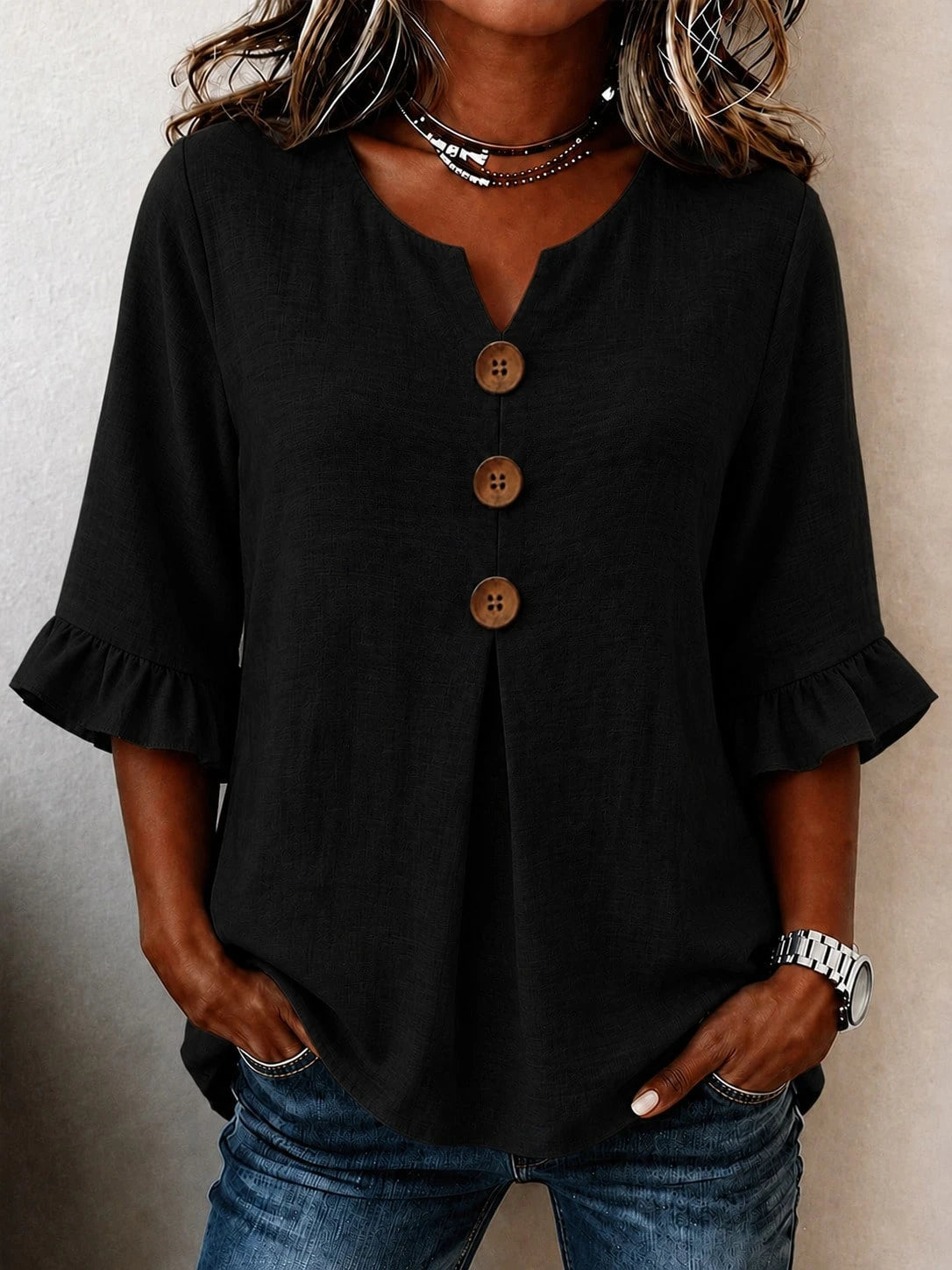Plus Size Women's Summer Vacation Blue Front Button Shirt, Ruffle Sleeves, Loose Casual, Non-Stretch, Summer Top