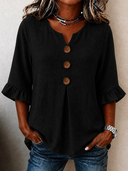 Plus Size Women's Summer Vacation Blue Front Button Shirt, Ruffle Sleeves, Loose Casual, Non-Stretch, Summer Top