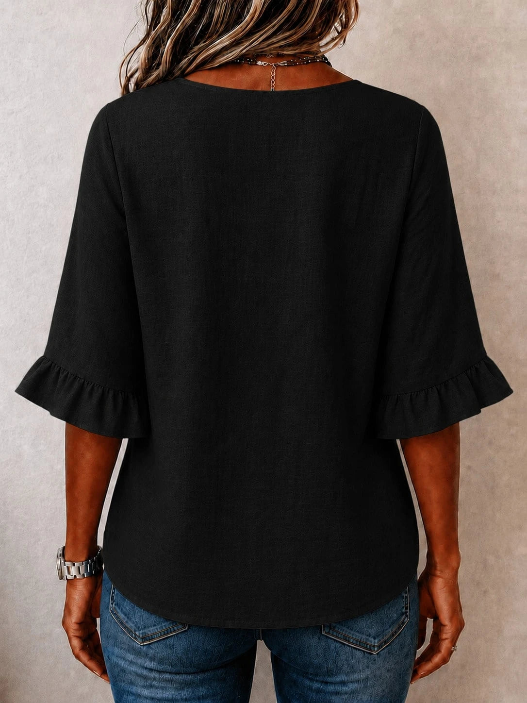 Plus Size Women's Summer Vacation Blue Front Button Shirt, Ruffle Sleeves, Loose Casual, Non-Stretch, Summer Top