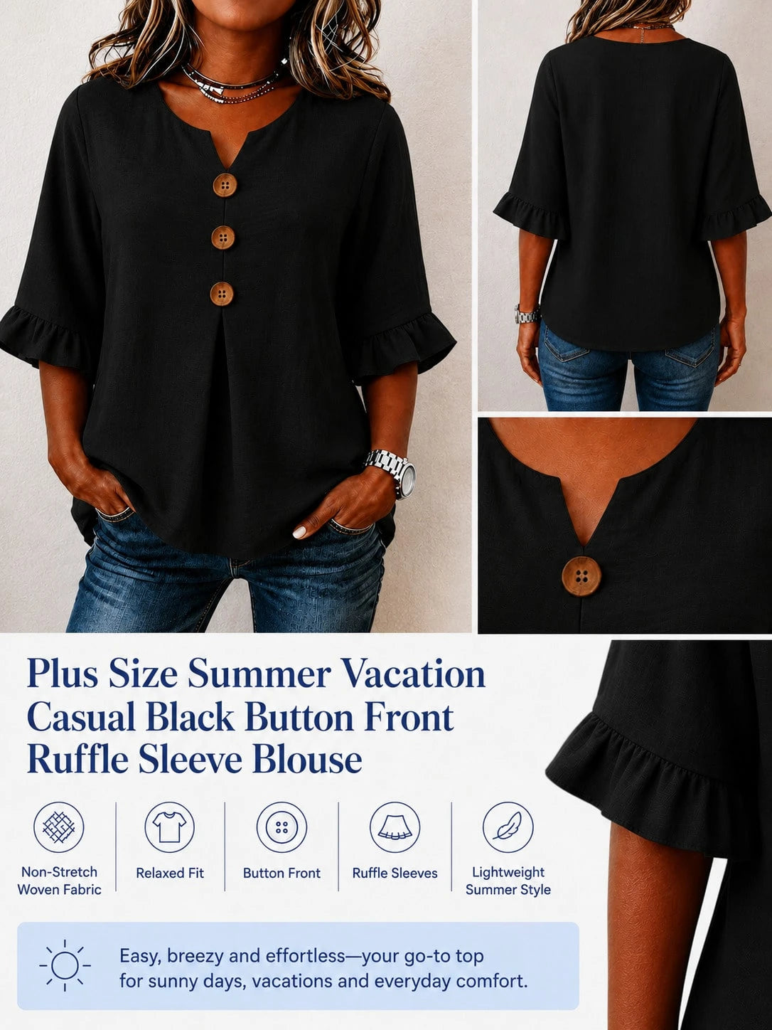 Plus Size Women's Summer Vacation Blue Front Button Shirt, Ruffle Sleeves, Loose Casual, Non-Stretch, Summer Top