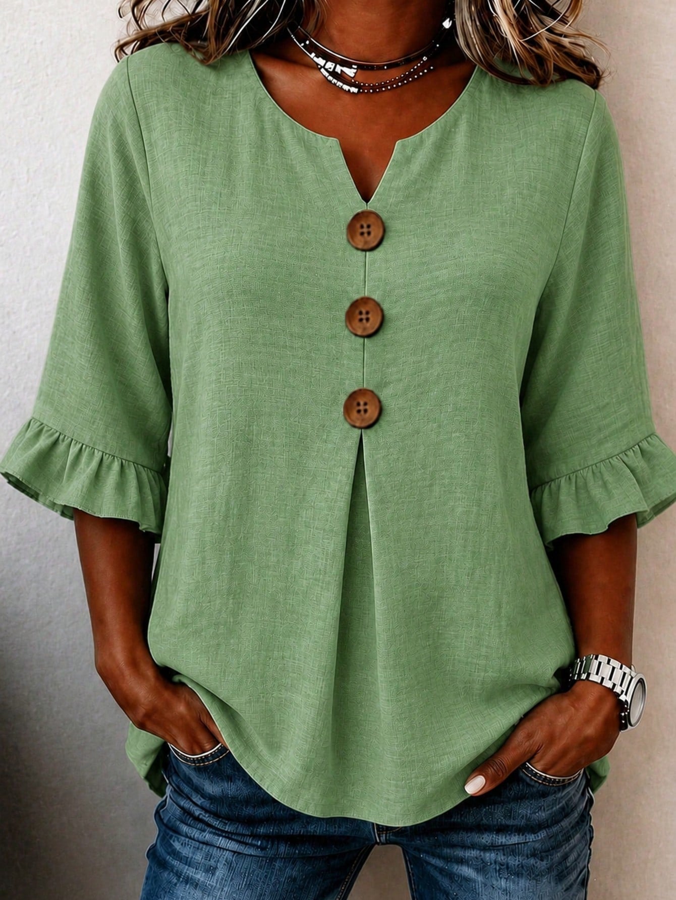 Plus Size Women's Summer Vacation Blue Front Button Shirt, Ruffle Sleeves, Loose Casual, Non-Stretch, Summer Top