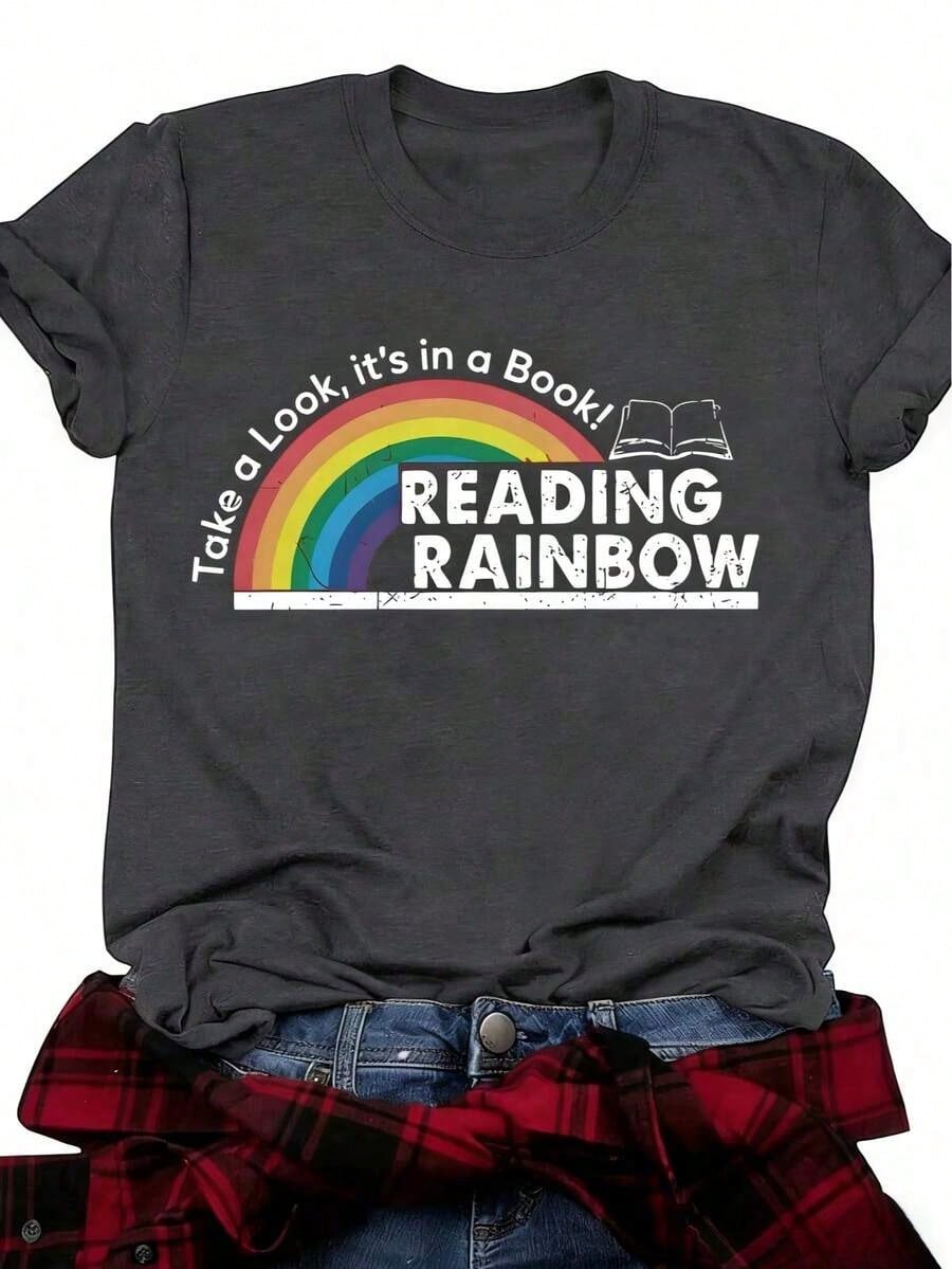 Plus Size Women's T-Shirt- Y2K Crew Neck Short Sleeve Top- Rainbow Graphic Tee With Book Design- Casual Everyday Shirt, Back-To-School