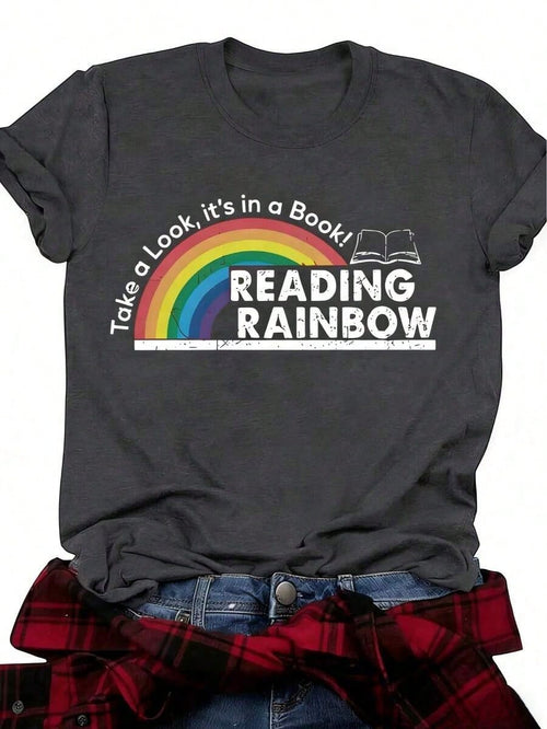 Plus Size Women's T-Shirt- Y2K Crew Neck Short Sleeve Top- Rainbow Graphic Tee With Book Design- Casual Everyday Shirt, Back-To-School