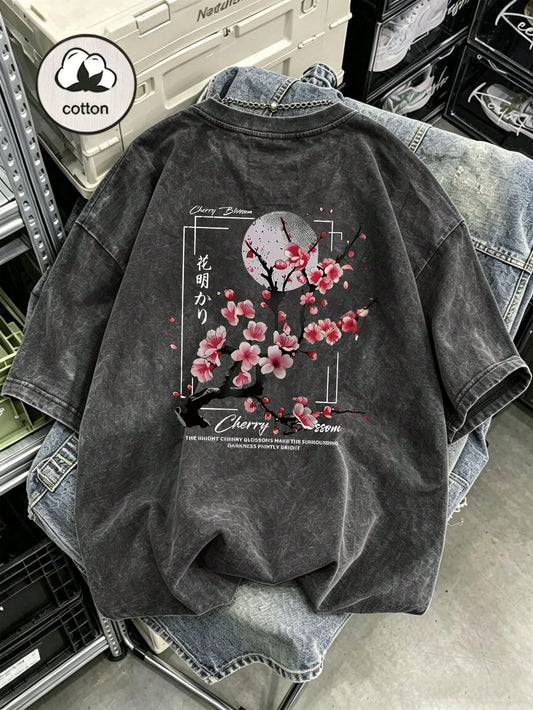 Plus Size Women's Washed Cotton Short Sleeve T-Shirt, Floral Pattern, Double-Sided Print, Vintage Loose Fit, Y2K Street Style Casual Summer Black