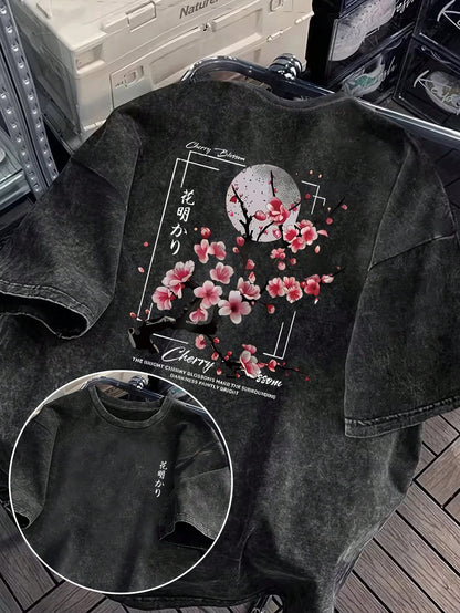 Plus Size Women's Washed Cotton Short Sleeve T-Shirt, Floral Pattern, Double-Sided Print, Vintage Loose Fit, Y2K Street Style Casual Summer Black