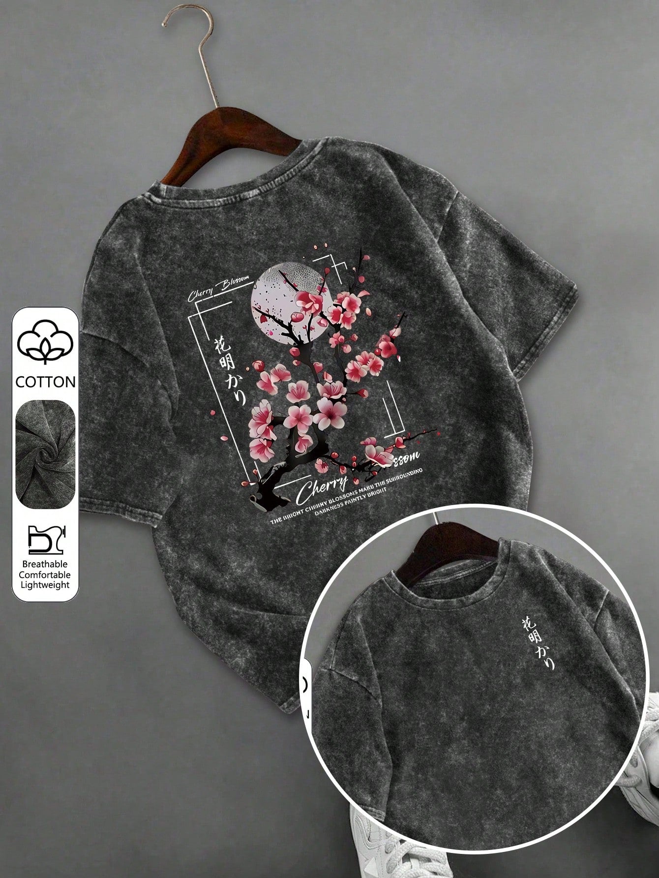 Plus Size Women's Washed Cotton Short Sleeve T-Shirt, Floral Pattern, Double-Sided Print, Vintage Loose Fit, Y2K Street Style Casual Summer Black
