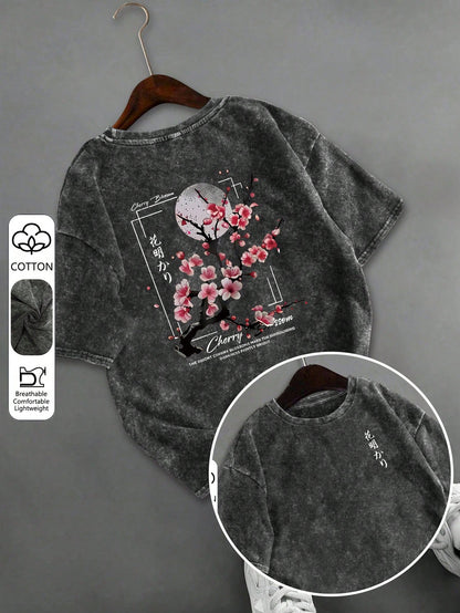Plus Size Women's Washed Cotton Short Sleeve T-Shirt, Floral Pattern, Double-Sided Print, Vintage Loose Fit, Y2K Street Style Casual Summer Black