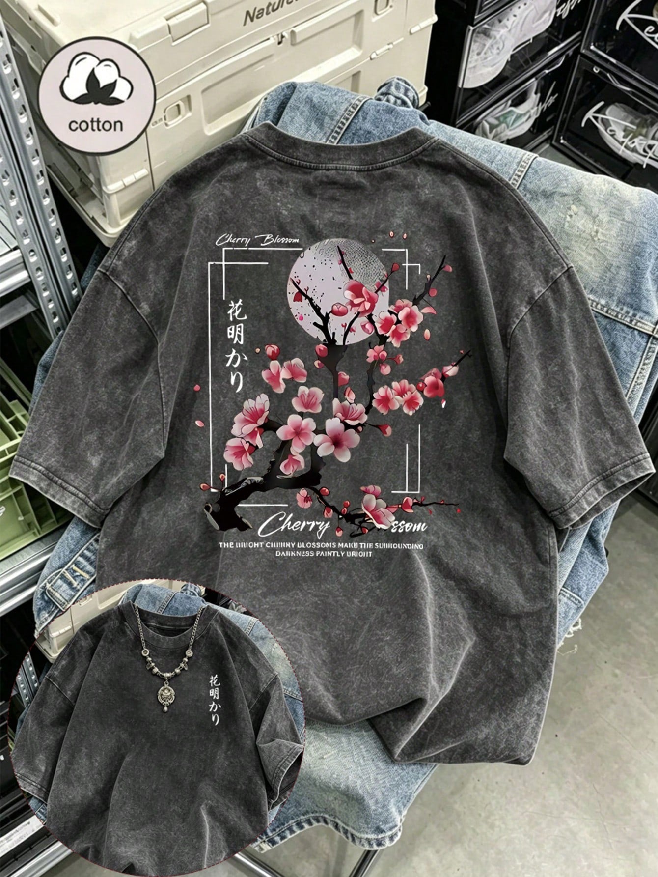 Plus Size Women's Washed Cotton Short Sleeve T-Shirt, Floral Pattern, Double-Sided Print, Vintage Loose Fit, Y2K Street Style Casual Summer Black