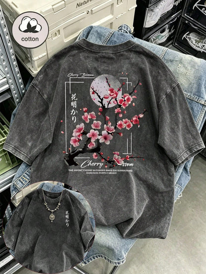 Plus Size Women's Washed Cotton Short Sleeve T-Shirt, Floral Pattern, Double-Sided Print, Vintage Loose Fit, Y2K Street Style Casual Summer Black
