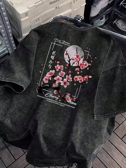 Plus Size Women's Washed Cotton Short Sleeve T-Shirt, Floral Pattern, Double-Sided Print, Vintage Loose Fit, Y2K Street Style Casual Summer Black