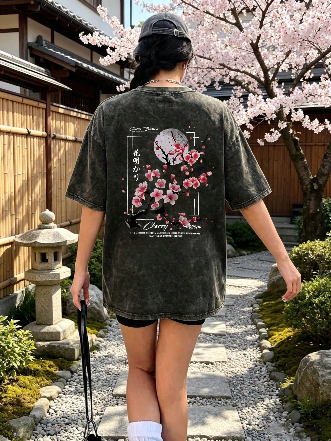 Plus Size Women's Washed Cotton Short Sleeve T-Shirt, Floral Pattern, Double-Sided Print, Vintage Loose Fit, Y2K Street Style Casual Summer Black