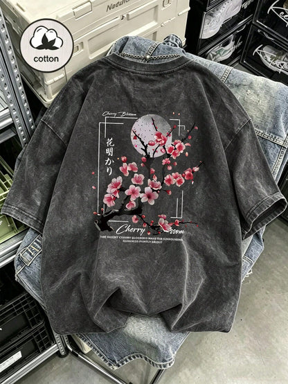 Plus Size Women's Washed Cotton Short Sleeve T-Shirt, Floral Pattern, Double-Sided Print, Vintage Loose Fit, Y2K Street Style Casual Summer Black
