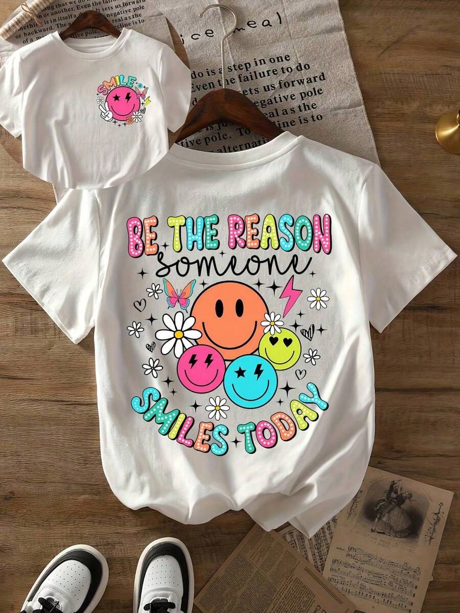 Plus Size Women Slogan & Smiling Face Print Short Sleeve Casual Round Neck T-Shirt, Summer--Round Neck Loose Breathable Short Sleeve