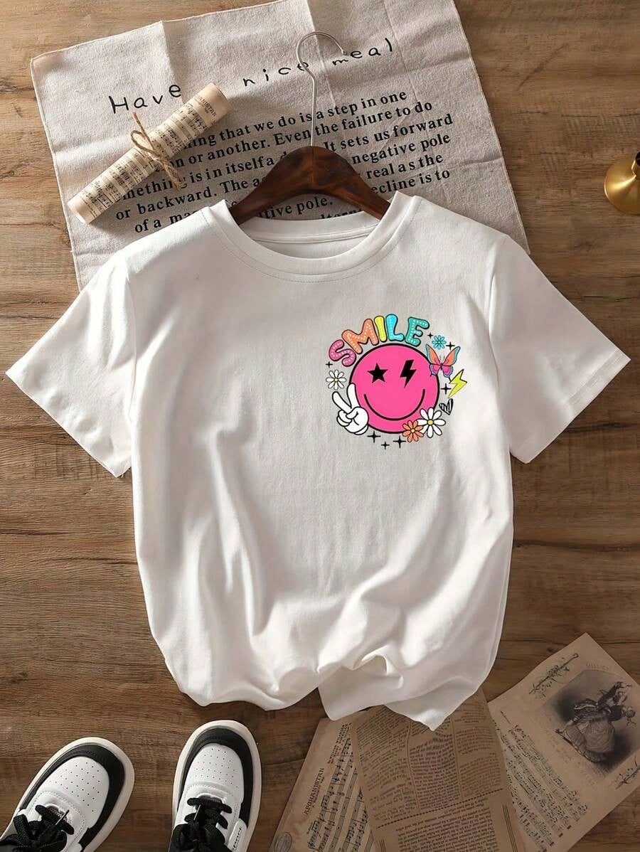 Plus Size Women Slogan & Smiling Face Print Short Sleeve Casual Round Neck T-Shirt, Summer--Round Neck Loose Breathable Short Sleeve