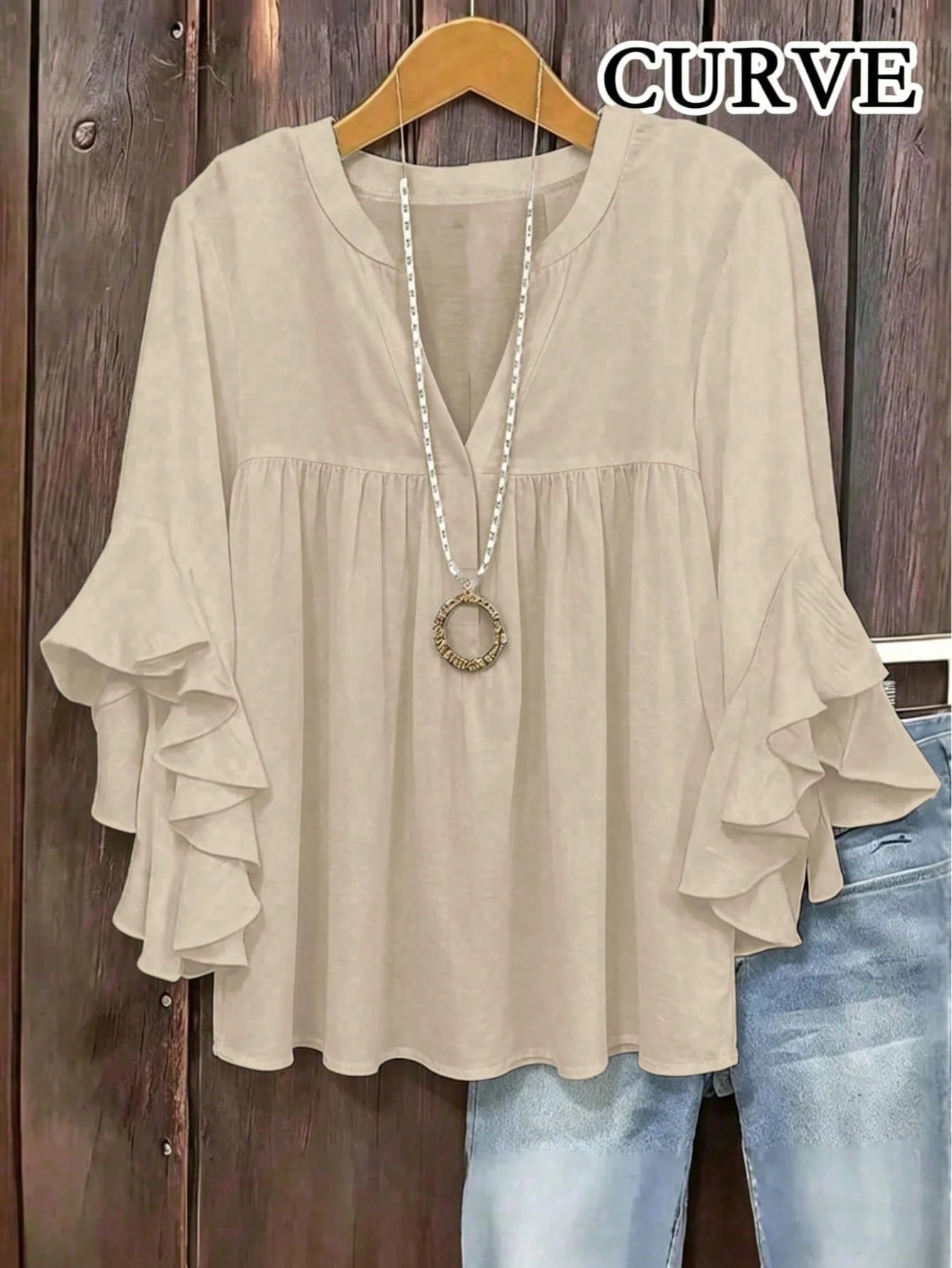 Plus Size Women Solid Color Ruffle Sleeve V-Neck Blouse Top