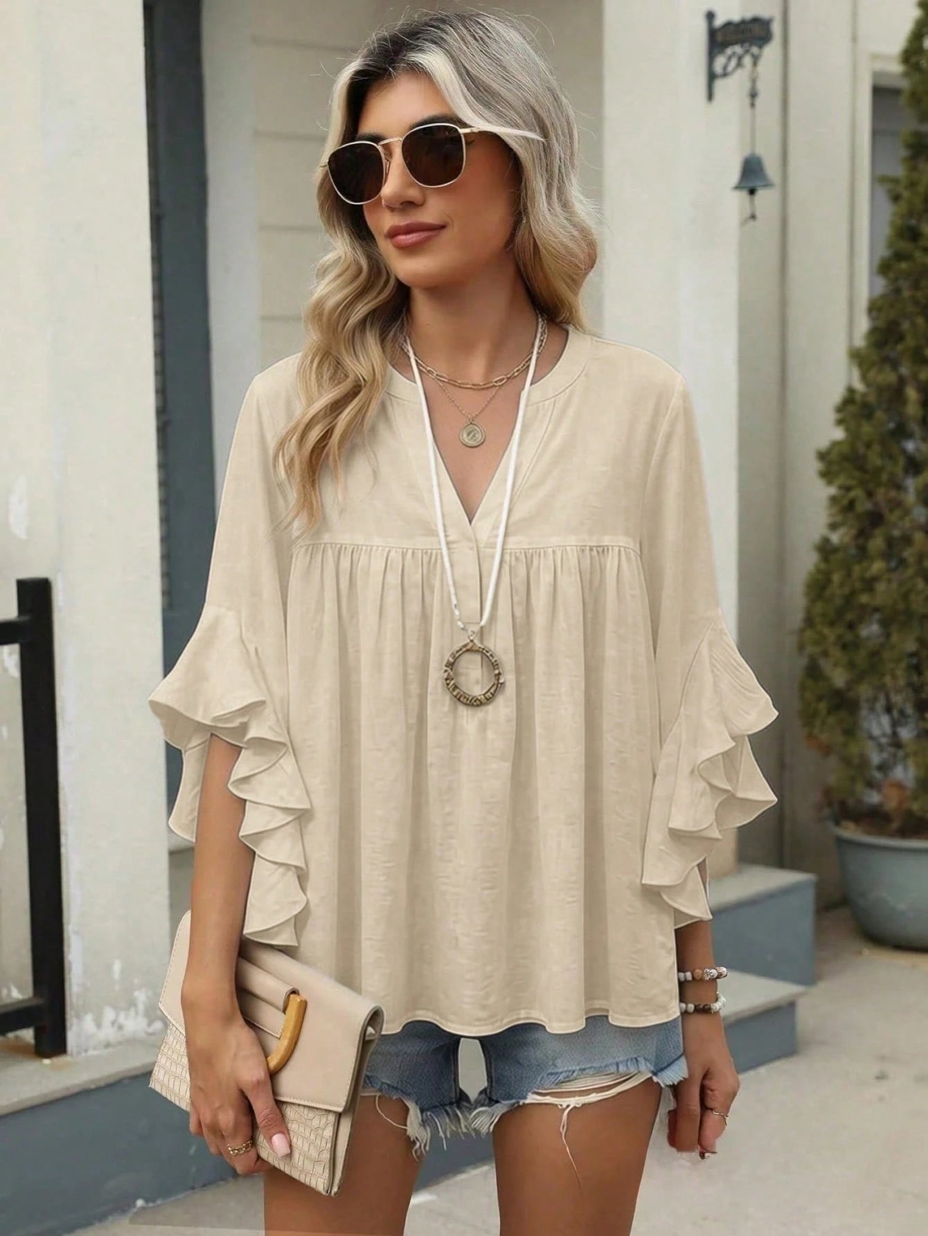 Plus Size Women Solid Color Ruffle Sleeve V-Neck Blouse Top