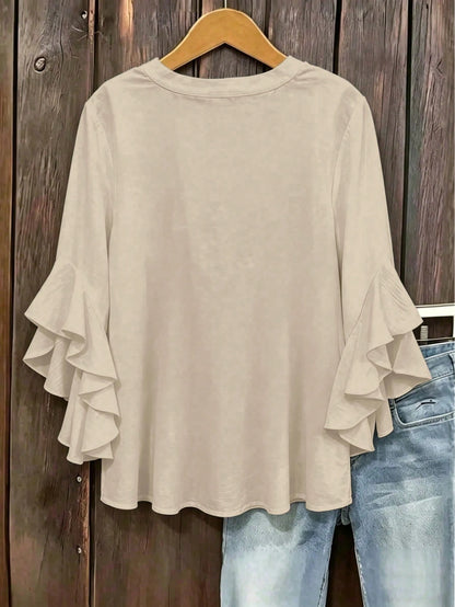 Plus Size Women Solid Color Ruffle Sleeve V-Neck Blouse Top