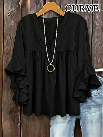 Plus Size Women Solid Color Ruffle Sleeve V-Neck Blouse Top