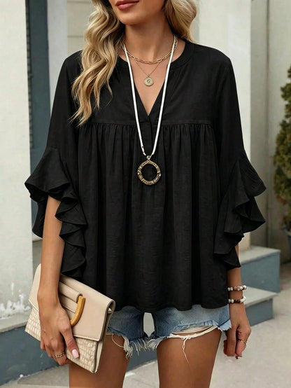 Plus Size Women Solid Color Ruffle Sleeve V-Neck Blouse Top