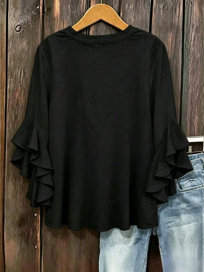 Plus Size Women Solid Color Ruffle Sleeve V-Neck Blouse Top