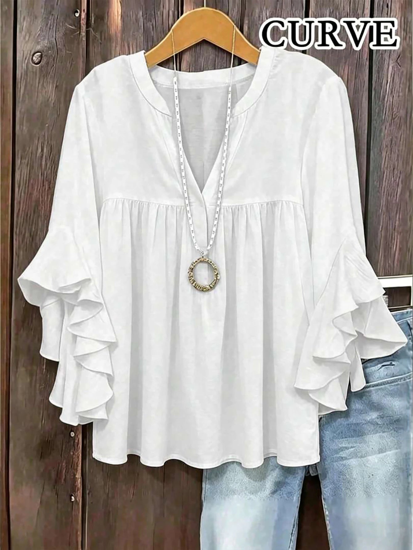 Plus Size Women Solid Color Ruffle Sleeve V-Neck Blouse Top