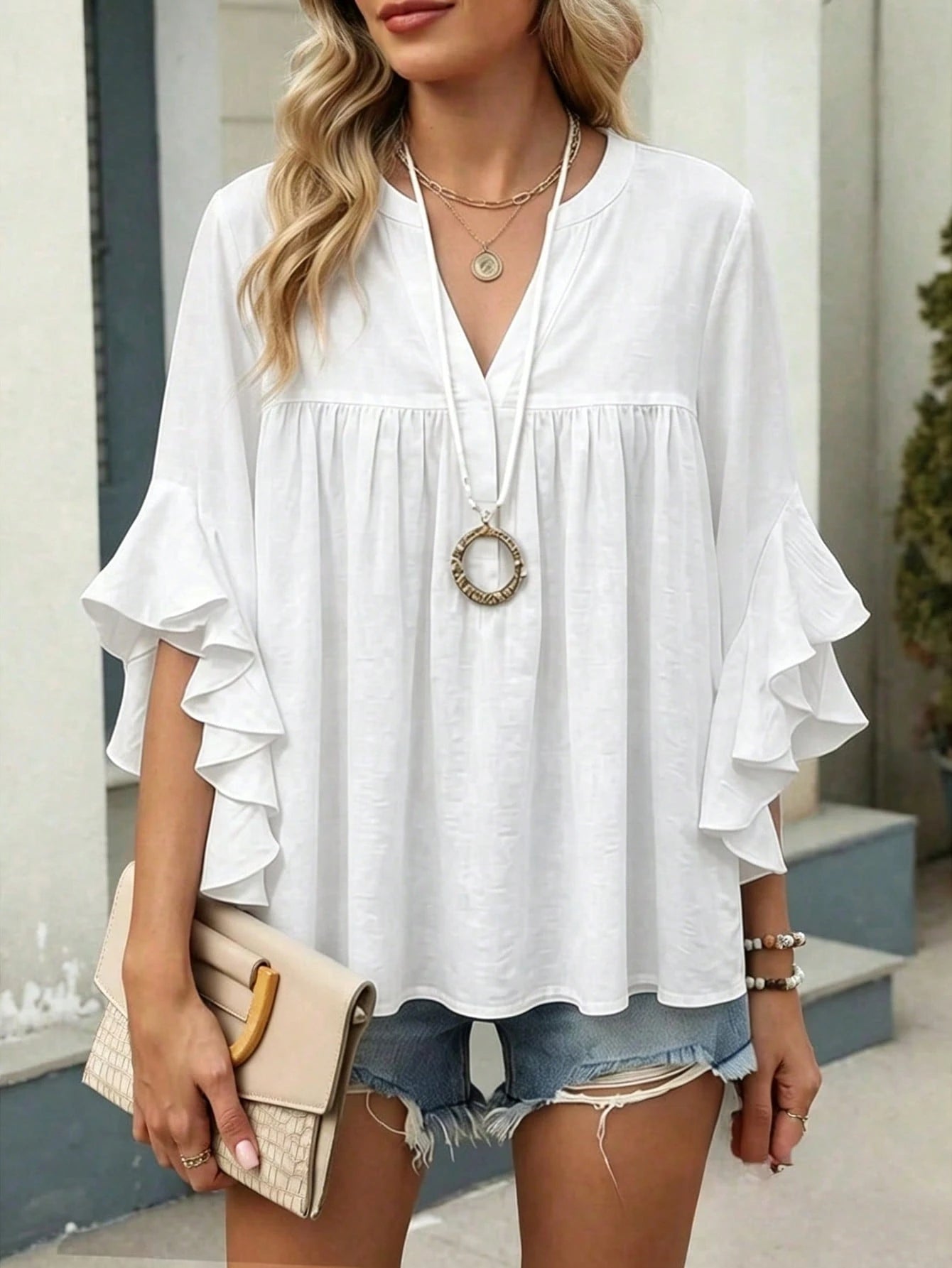 Plus Size Women Solid Color Ruffle Sleeve V-Neck Blouse Top