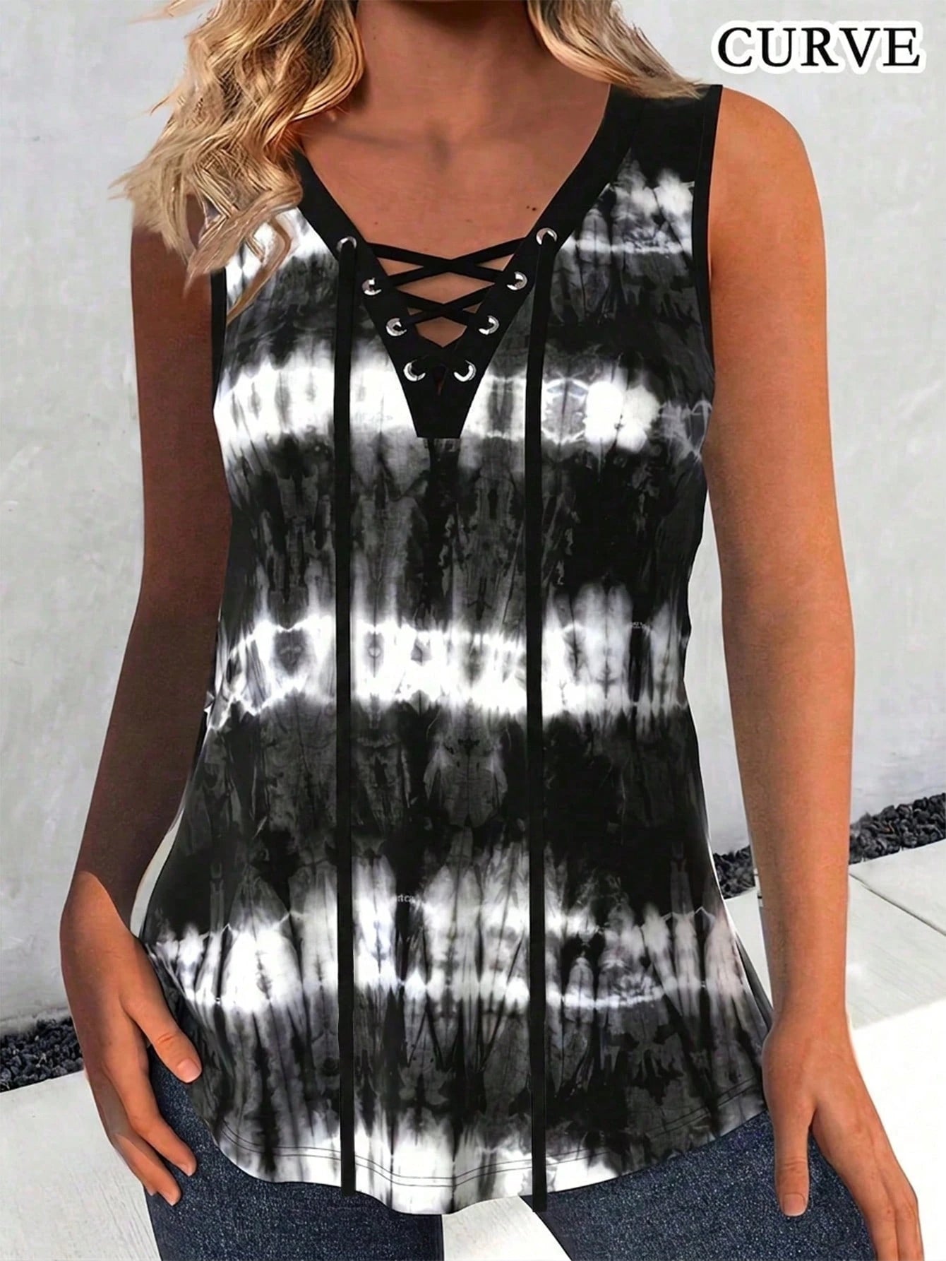 Plus Size Women Summer Tie-Dye Print Sleeveless Camisole Top Casual Black