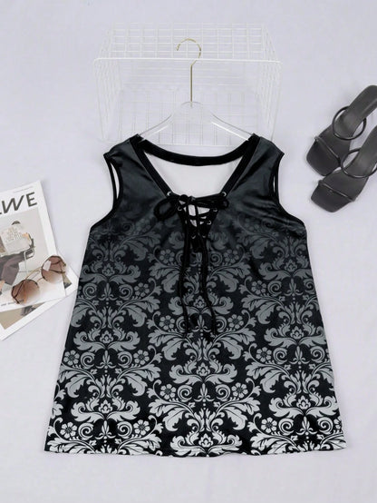 Plus Size Women Summer Tie-Dye Print Sleeveless Camisole Top Casual Black