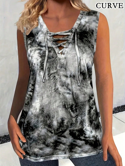 Plus Size Women Summer Tie-Dye Print Sleeveless Camisole Top Casual Black