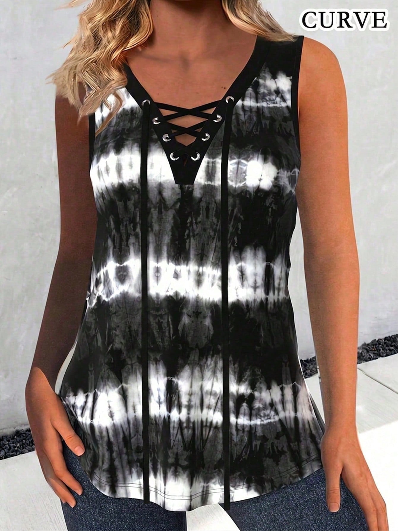 Plus Size Women Summer Tie-Dye Print Sleeveless Camisole Top Casual Black