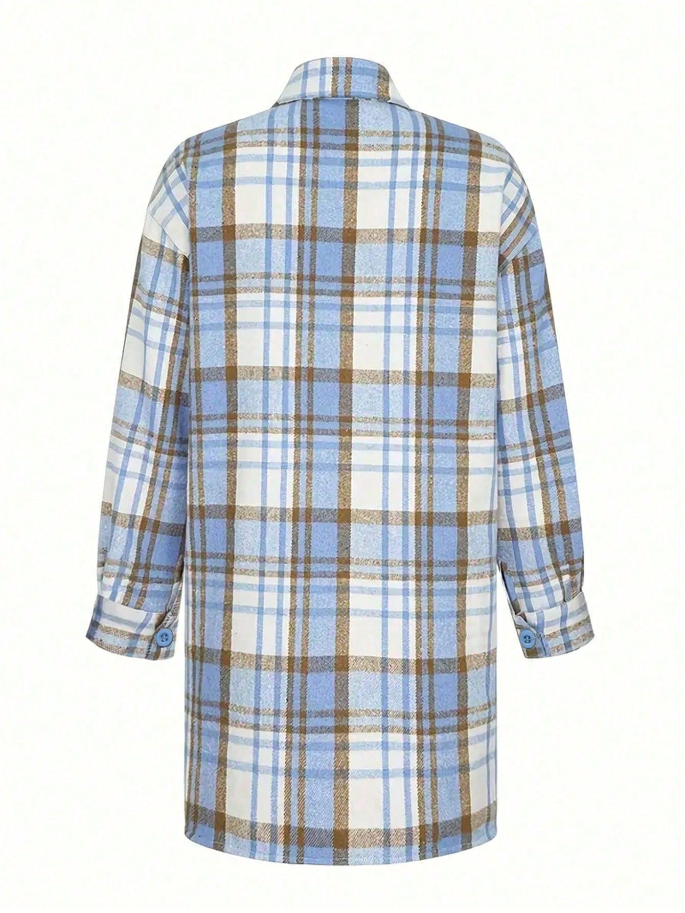 Plus Size Woven Plaid Long Button-Up Shirt, Shirt Collar, Regular Sleeve Length, With Pockets, Casual Style Spring