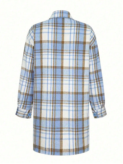 Plus Size Woven Plaid Long Button-Up Shirt, Shirt Collar, Regular Sleeve Length, With Pockets, Casual Style Spring