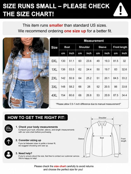 Plus Size Woven Plaid Long Button-Up Shirt, Shirt Collar, Regular Sleeve Length, With Pockets, Casual Style Spring