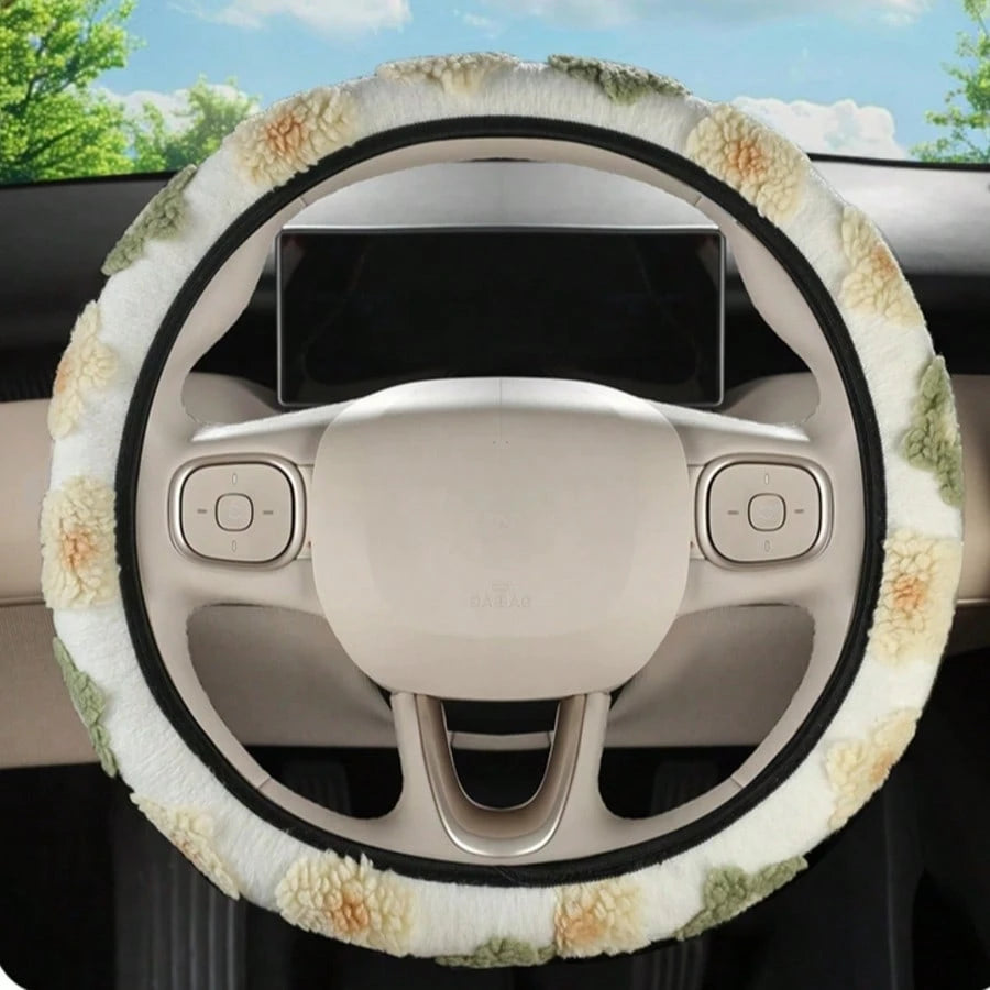 Plush Steering Wheel Cover, Fits 14.5 Inch-15 Inch Steering Wheel, Elastic Design For Easy Carrying And Washable, 6 Elegant Floral Patterns For Autumn/Winter, Suitable As Birthday Gift And Car Interio