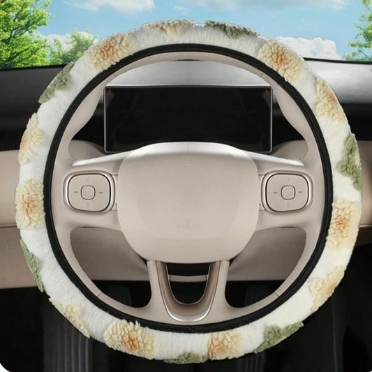 Plush Steering Wheel Cover, Fits 14.5 Inch-15 Inch Steering Wheel, Elastic Design For Easy Carrying And Washable, 6 Elegant Floral Patterns For Autumn/Winter, Suitable As Birthday Gift And Car Interio