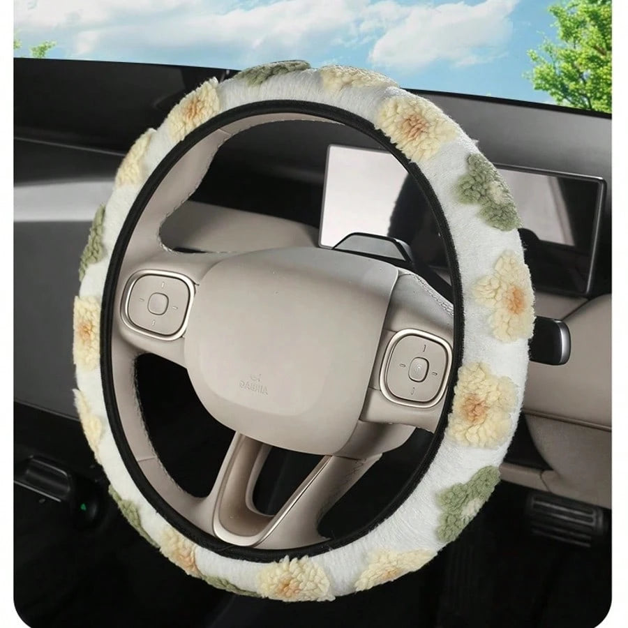 Plush Steering Wheel Cover, Fits 14.5 Inch-15 Inch Steering Wheel, Elastic Design For Easy Carrying And Washable, 6 Elegant Floral Patterns For Autumn/Winter, Suitable As Birthday Gift And Car Interio