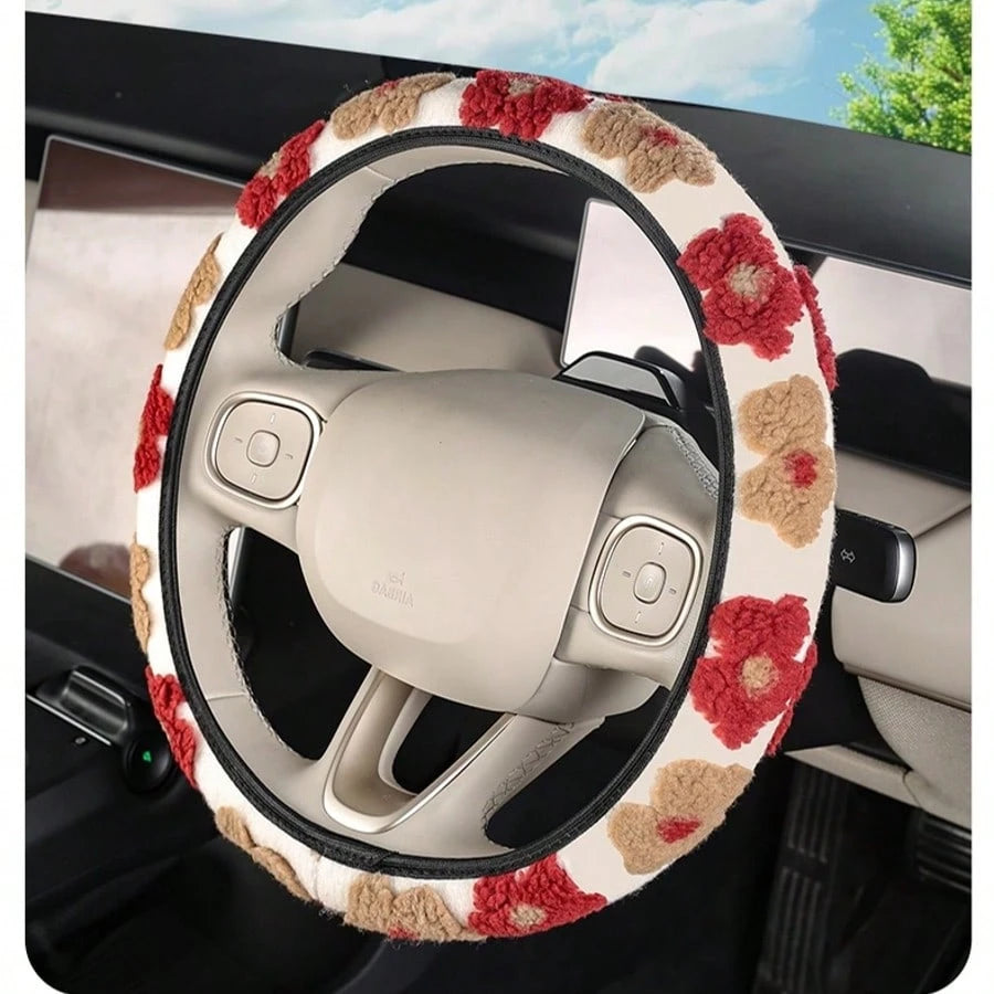Plush Steering Wheel Cover, Fits 14.5 Inch-15 Inch Steering Wheel, Elastic Design For Easy Carrying And Washable, 6 Elegant Floral Patterns For Autumn/Winter, Suitable As Birthday Gift And Car Interio
