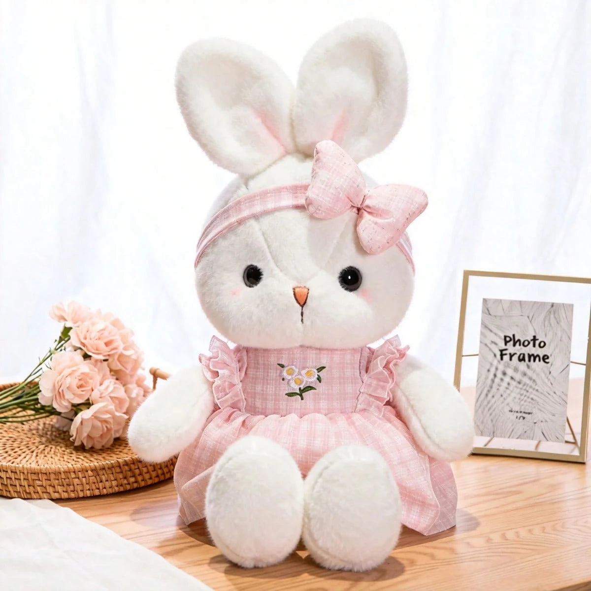 PlushFable 15.8in Daisy White Bunny Stuffed Animal In Floral Embroidery Dress Soft Rabbit Plushie With,Valentine's Day,Plushie,Toys For Girl,Easter,Easter Decor
