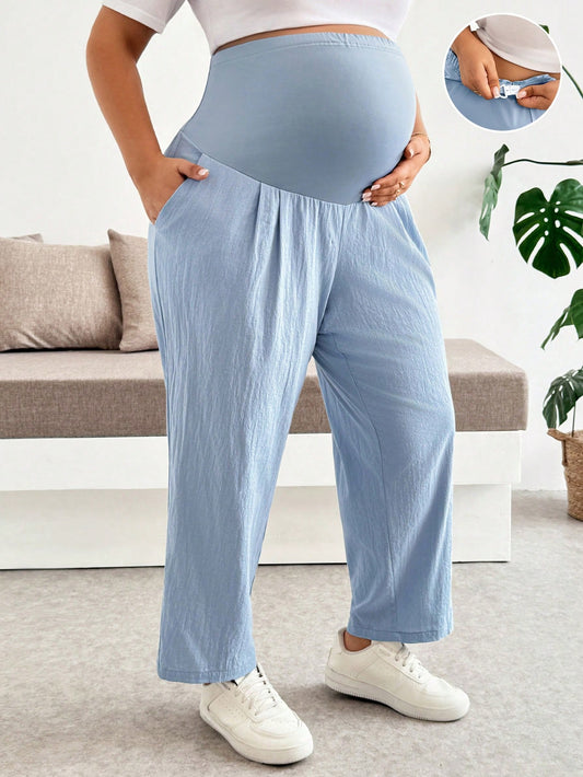 Plussiva Maternity Plus Size Solid Color High Waist Slant Pocket Fashion Pants Vacation Outfits Fall