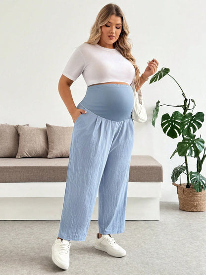 Plussiva Maternity Plus Size Solid Color High Waist Slant Pocket Fashion Pants Vacation Outfits Fall