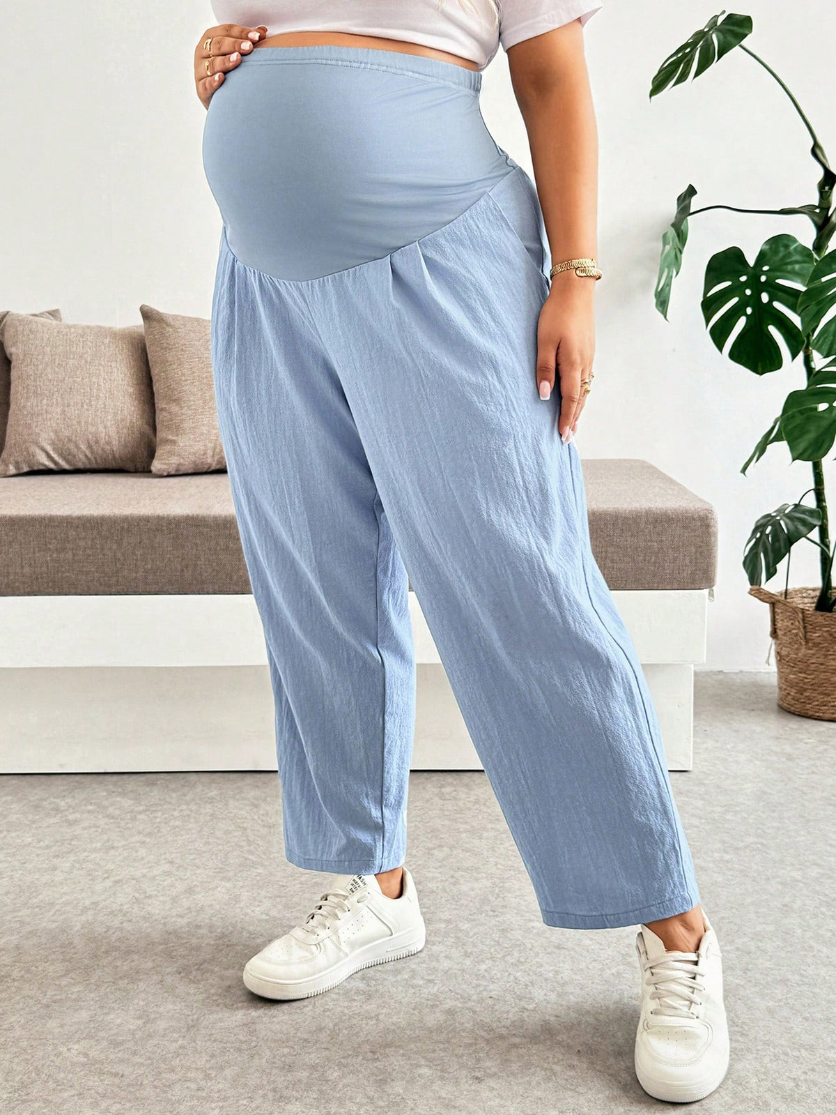 Plussiva Maternity Plus Size Solid Color High Waist Slant Pocket Fashion Pants Vacation Outfits Fall