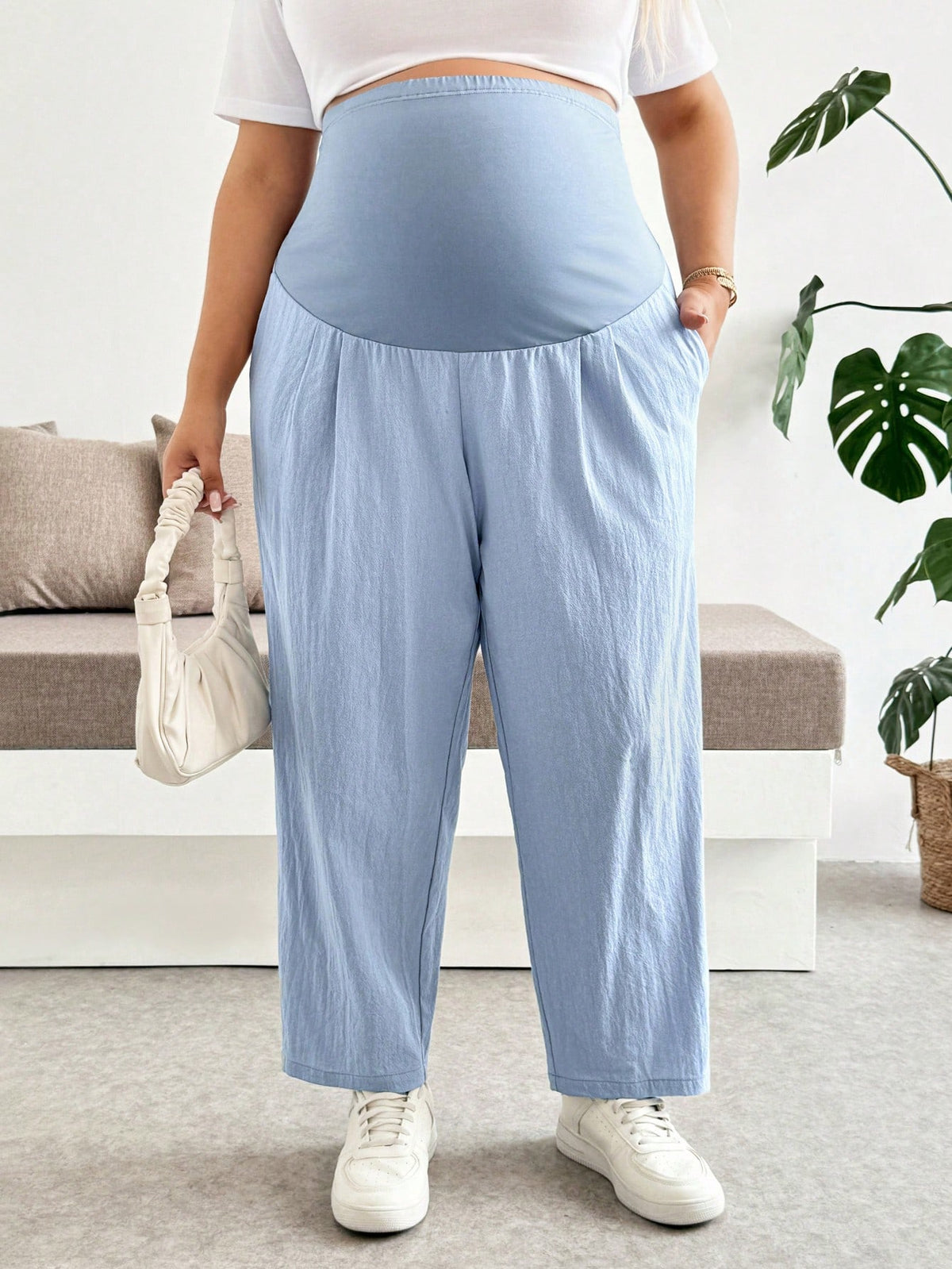 Plussiva Maternity Plus Size Solid Color High Waist Slant Pocket Fashion Pants Vacation Outfits Fall